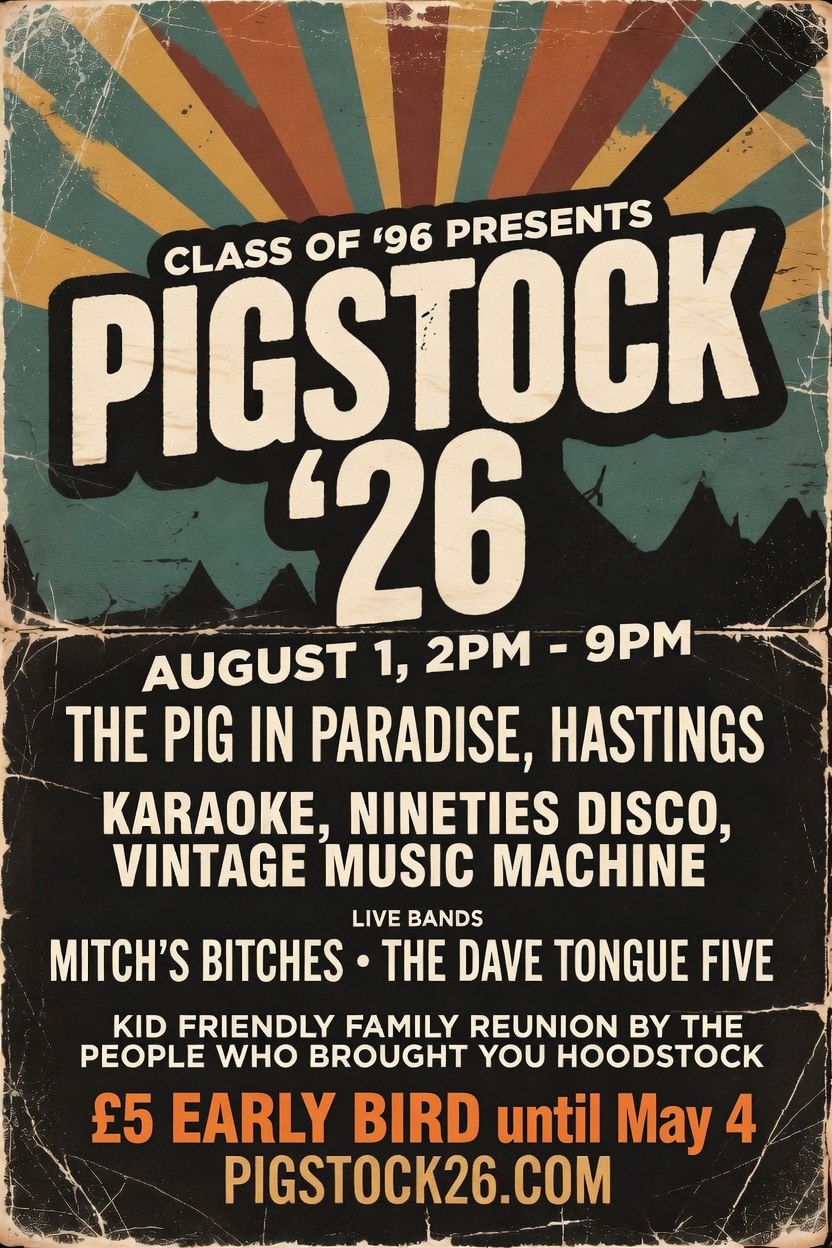 Pigstock &rsquo;26 poster with sunburst stripes and strong cream lettering