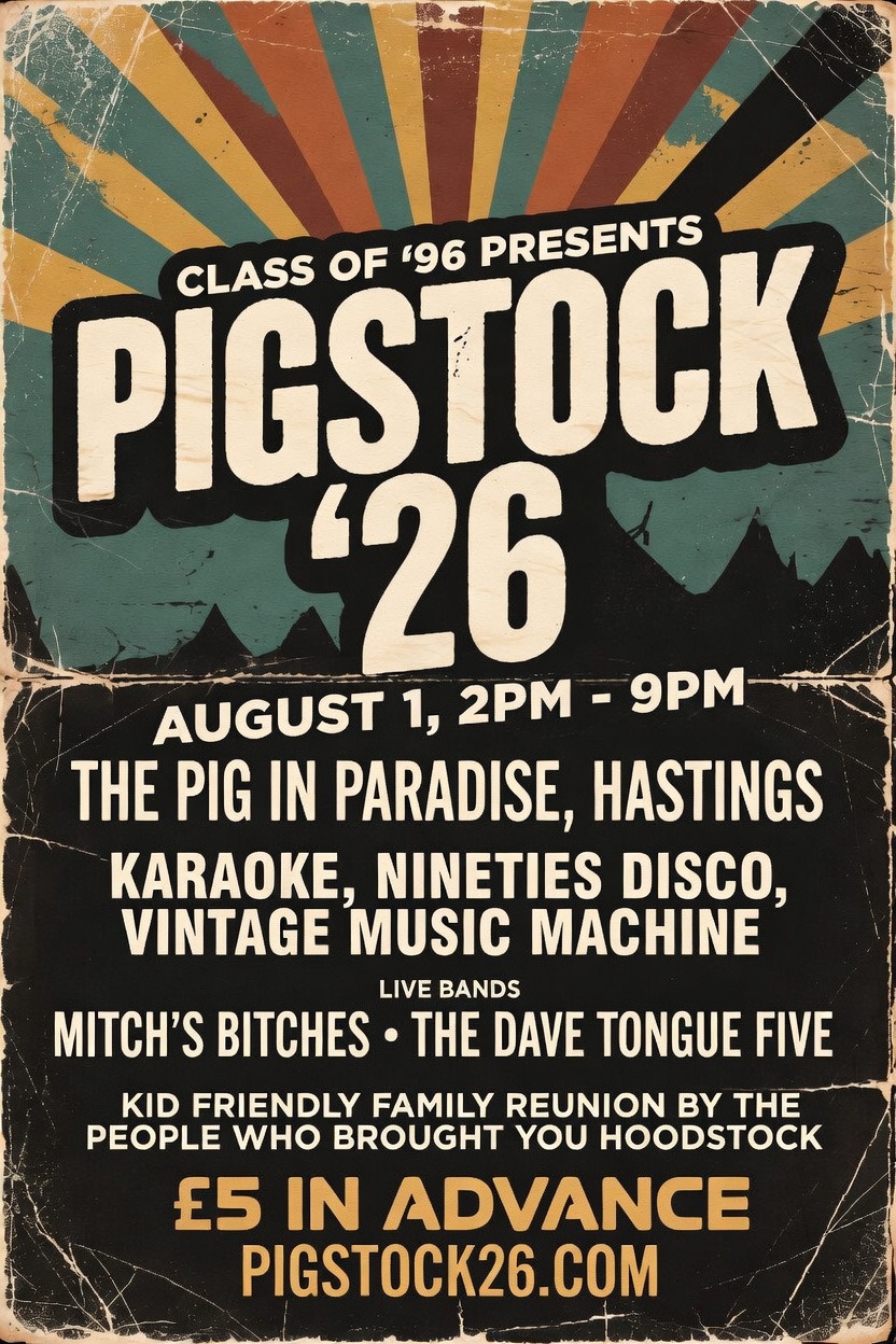 Pigstock &rsquo;26 poster with sunburst stripes and strong cream lettering