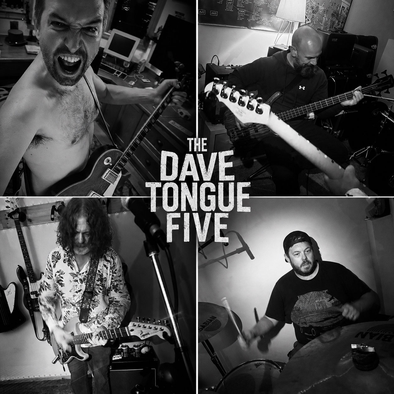 The Dave Tongue Five black-and-white rehearsal collage